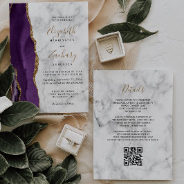 Invitación Código QR de Mármol Ágata Dorada Púrpura Boda