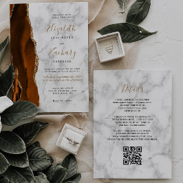 Invitación Código QR de Mármol Ágata Dorado Naranja Quemado B