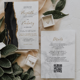 Invitación Código QR de Mármol Ágata Oro Negro Boda