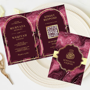Invitación Código QR de Mármol de Ágata de Borgoña Boda Musul