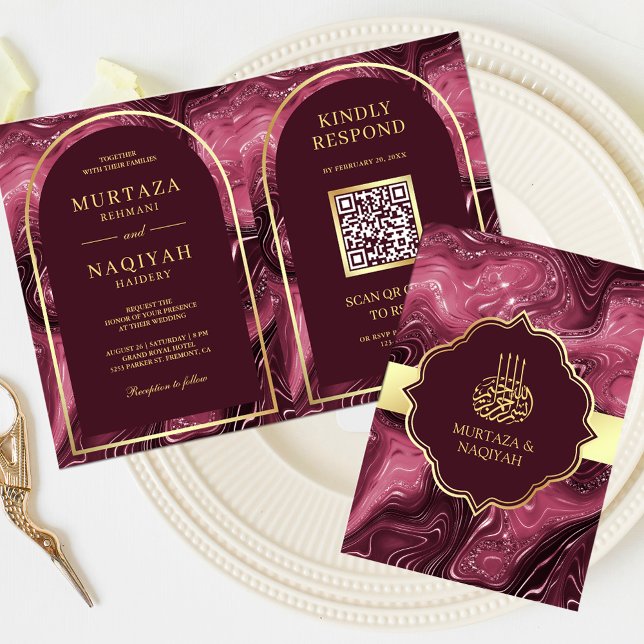 Invitación Código QR de Mármol de Ágata de Borgoña Boda Musul (Subido por el creador)