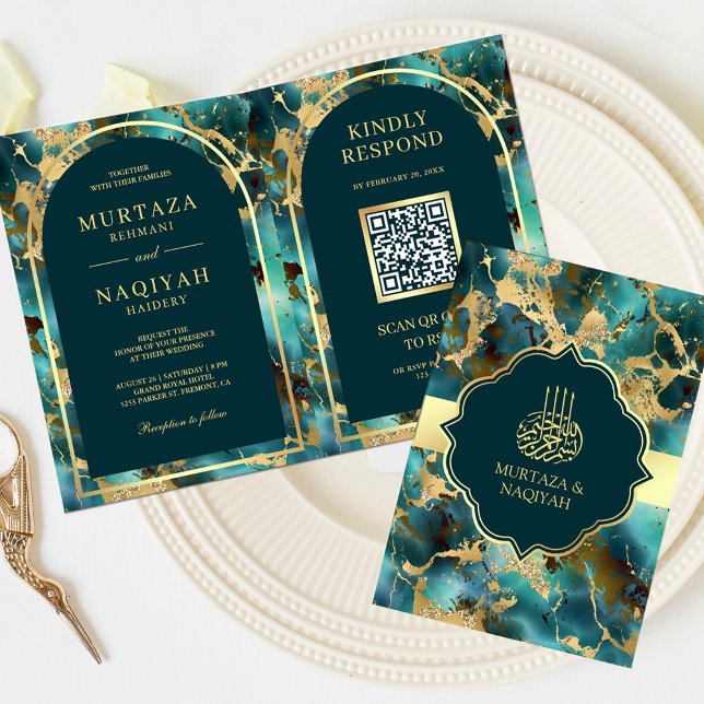 Invitación Código QR de Mármol Dorado Turquesa Boda Musulmana (Subido por el creador)