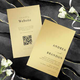 Invitación Código QR de metal dorado y negro todo en un Boda