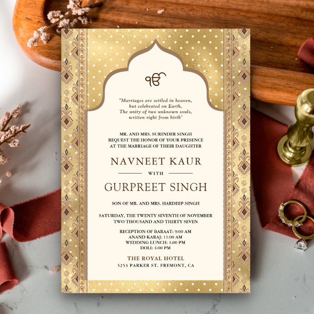 Invitación Código QR de oro cream Anand Karaj Sikh Boda (Subido por el creador)