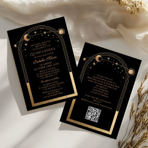 Invitación Código QR de oro Negro Celestial Quinceañera