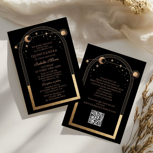 Invitación Código QR de oro Negro Celestial Quinceañera (Subido por el creador)