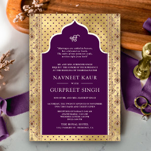 Invitación Código QR de oro púrpura Anand Karaj Boda Sikh