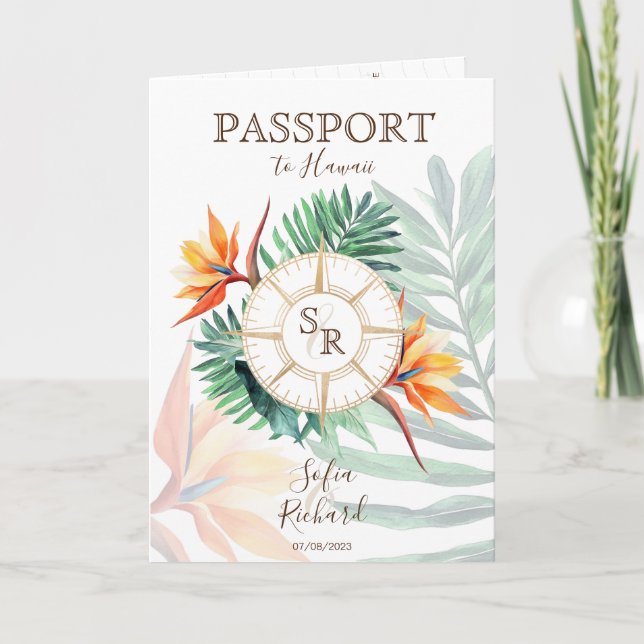 Invitación Código QR de pasaporte de boda de destino tropical (Anverso)