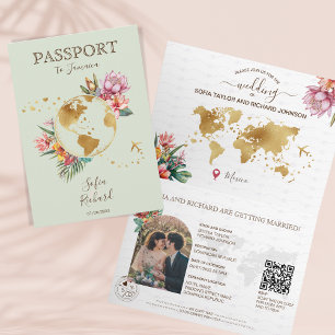 Invitación Código QR de Pasaporte de Boda Verde de Destino Sa