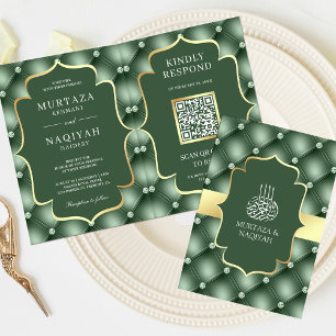 Invitación Código QR de patrón acolchado verde salvia para bo