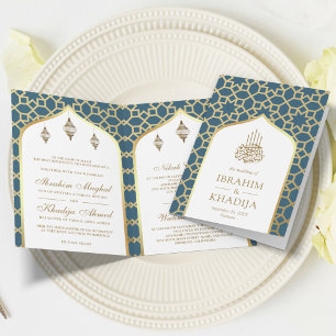 Invitación Código QR de Patrón Islámico Blue Gold Boda Musulm