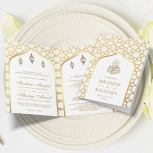 Invitación Código QR de patrón islámico dorado crema Boda mus