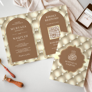 Invitación Código QR de patrón mechón marrón crema Boda musul