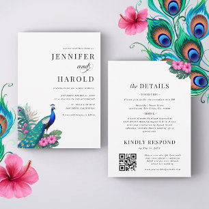 Invitación Código QR de pavo real tropical floral todo en un 