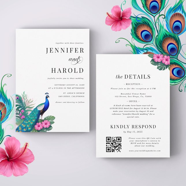 Invitación Código QR de pavo real tropical floral todo en un  (Subido por el creador)