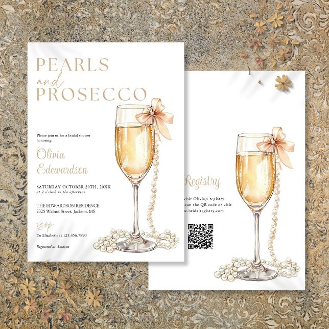 Invitación Código QR de Perlas y Prosecco para Despedida de S (Pearls And Prosecco QR Code Bridal Shower Invitation)