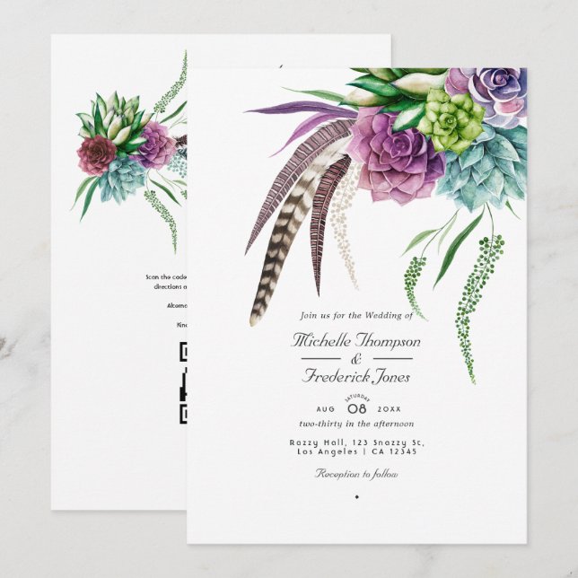 Invitación Código QR de plantas suculentas boho RSVP Boda (Anverso / Reverso)