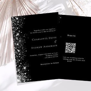 Invitación Código QR de plata negra detalles RSVP boda de luj