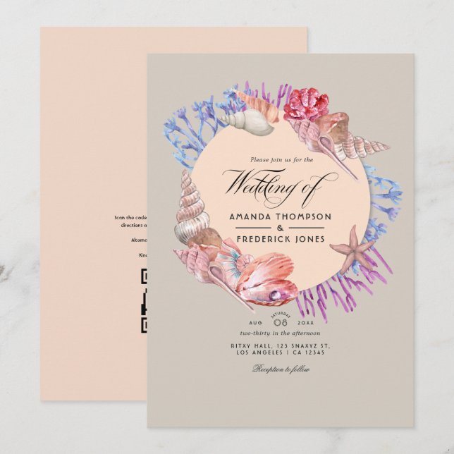 Invitación Código QR de Playa de Arena RSVP Boda (Anverso / Reverso)