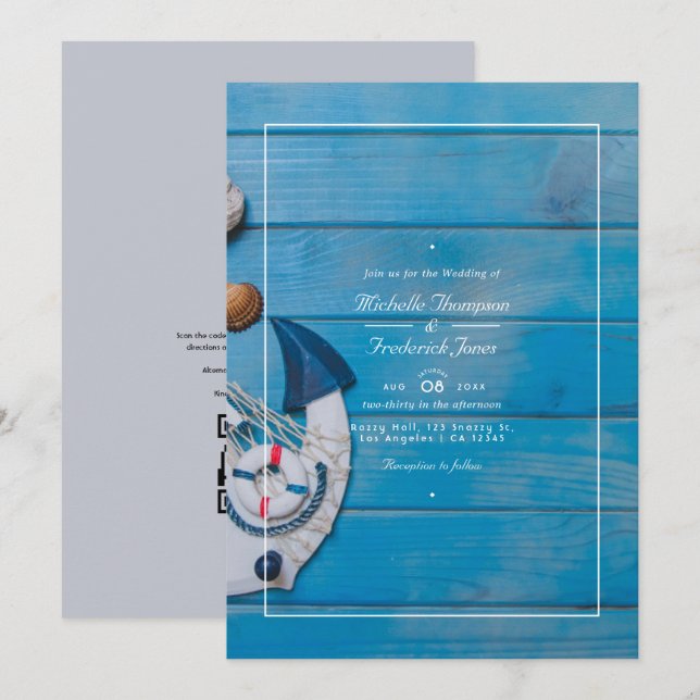Invitación Código QR de playa rústica RSVP Boda náutica (Anverso / Reverso)