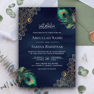 Invitación Código QR de Plumas de Pavo Real Azul Marino Boda
