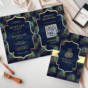 Invitación Código QR de plumas de pavo real azul marino Boda 