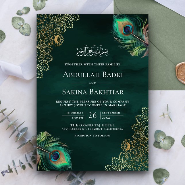 Invitación Código QR de Plumas de Pavo Real Esmeralda Boda Mu (Subido por el creador)