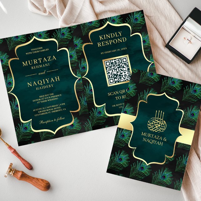 Invitación Código QR de Plumas de Pavo Real Negro Teal Boda M (Subido por el creador)