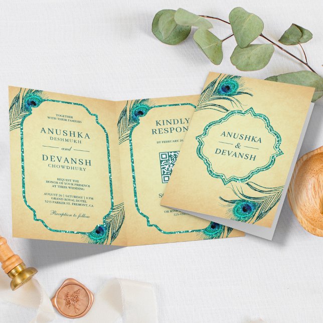 Invitación Código QR de plumas de pavo real teal para boda in (Subido por el creador)