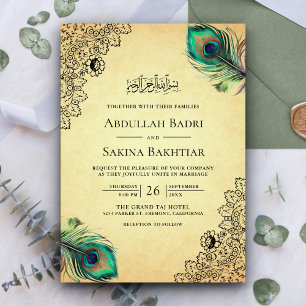Invitación Código QR de plumas de pavo real vintage para boda