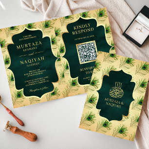 Invitación Código QR de plumas de pavo real vintage para boda