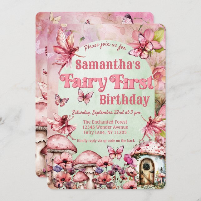 Invitación Código QR de primer cumpleaños para hadas rosas y  (Anverso / Reverso)