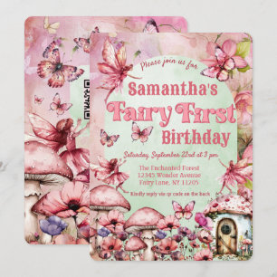 Invitación Código QR de primer cumpleaños para hadas rosas y 
