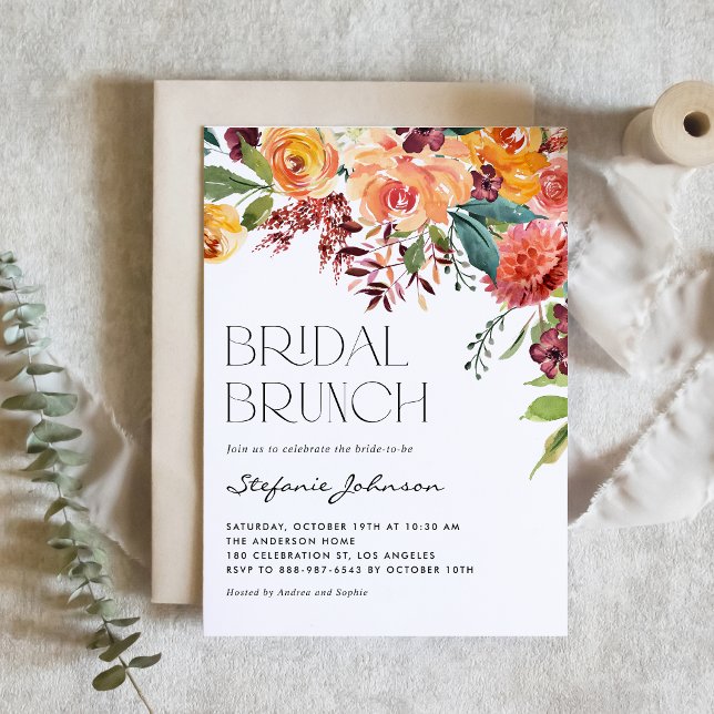 Invitación Código QR de Ramo Floral de Otoño para Brunch Nupc (Customizable QR code bridal brunch invitation featuring beautiful watercolor autumn flowers.)
