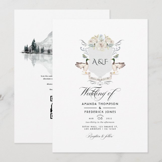 Invitación Código QR de respuesta de boda con cresta de monog (Anverso / Reverso)
