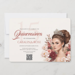 Invitación Código QR de Rosa con Rubor Rosa para Quinceañera 