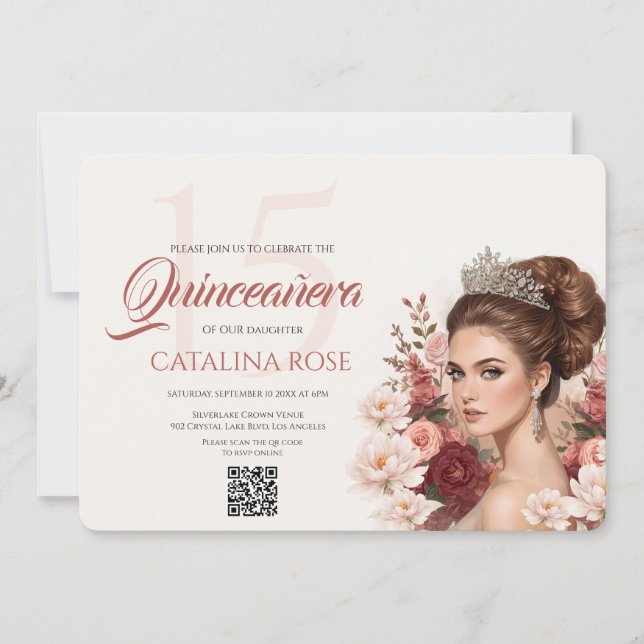 Invitación Código QR de Rosa con Rubor Rosa para Quinceañera  (Anverso)