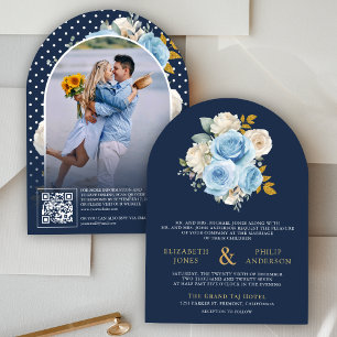 Invitación Código QR de rosas florales de marfil azul boda na