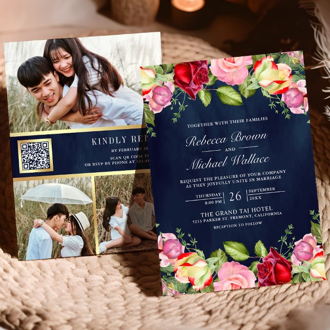 Invitación Código QR de Rosas Rojas Rosadas Románticas Boda A (Subido por el creador)