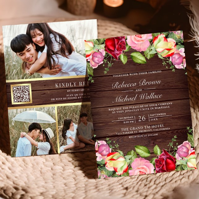 Invitación Código QR de rosas rosadas y rojas románticas Boda (Subido por el creador)