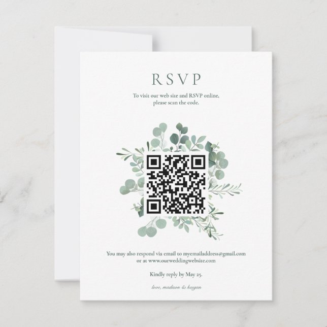 Invitación Código QR de RSVP de boda con vegetación de eucali (Anverso)