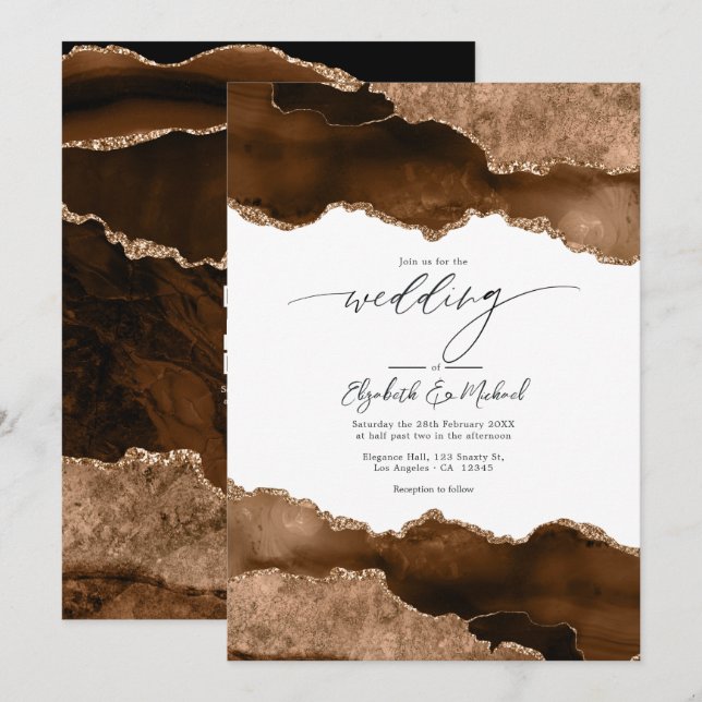 Invitación Código QR de RSVP de boda de ágata marrón y dorado (Anverso / Reverso)