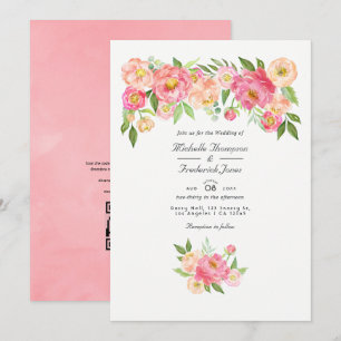 Invitación Código QR de RSVP de boda de peonía de acuarela ro