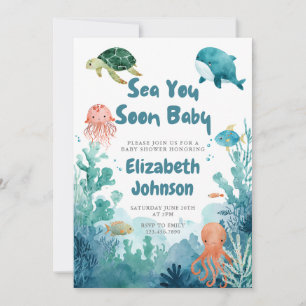 Invitación Código QR de Sea You Soon Baby Watercolor Baby Sho