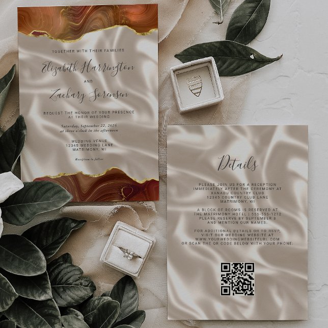 Invitación Código QR de Seda Marfil Ágata Dorada Naranja Quem (Subido por el creador)