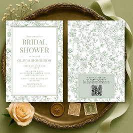 Invitación Código QR de Seda Verde Francés Toile para Despedi