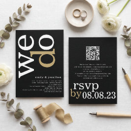 Invitación Código QR de Tipografía Moderna Boda Blanco Dorado