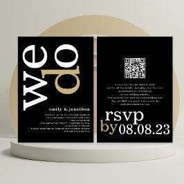Invitación Código QR de Tipografía Moderna Boda Blanco Dorado