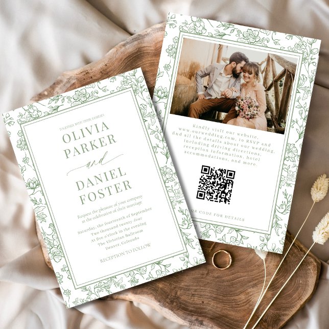 Invitación Código QR de Toile Floral Francés Verde Salvia (Subido por el creador)