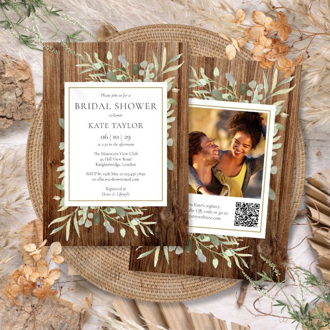 Invitación Código QR de Vegetación de Madera Rústica Foto Des (Rustic Wood Greenery QR Code Photo Bridal Shower Invitation)